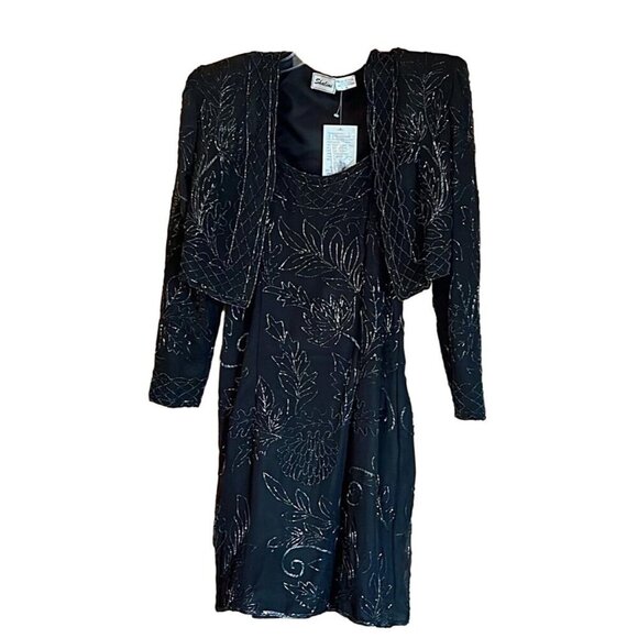 Shalini Black Embellished Beaded Silk Cocktail Sleeveless Dress & Jacket Medium - Picture 1 of 6